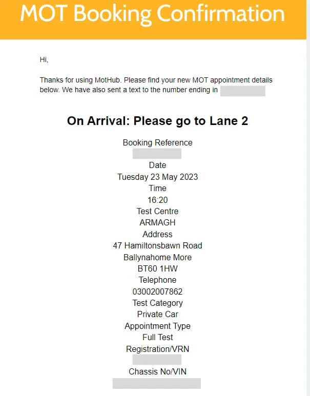 MOT Hub booking confirmation email